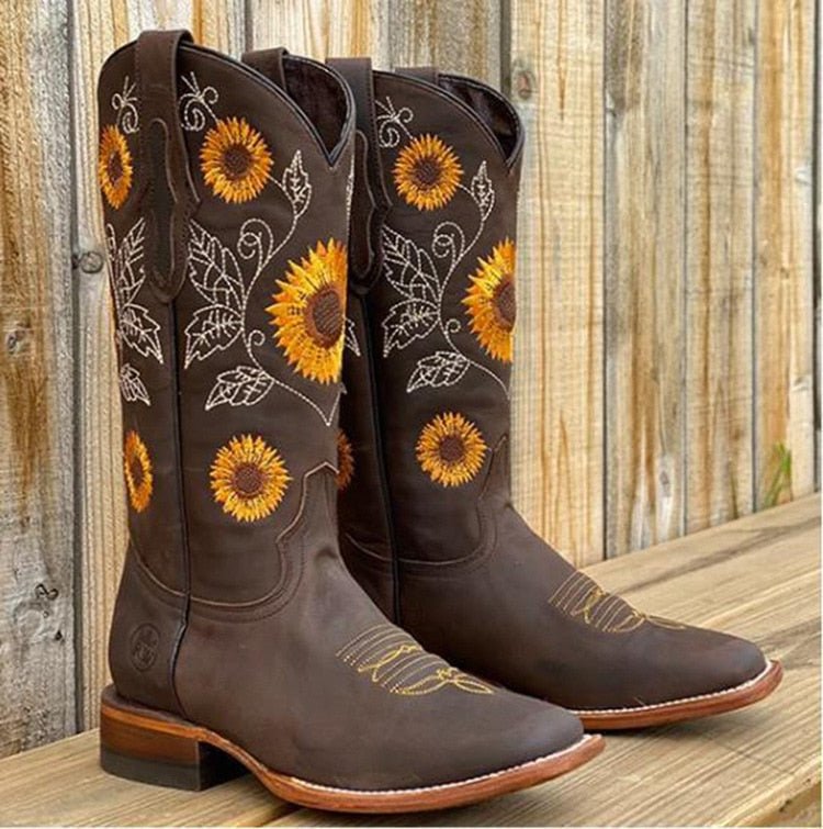 Gwenmira | Women's Orthopedic Floral Mid-Calf Boots — Dark Brown