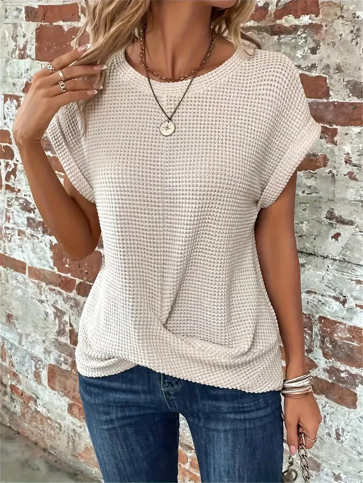 Gwenvia | Women's Cozy Waffle Knit Casual Tee Sweaters — Cream White