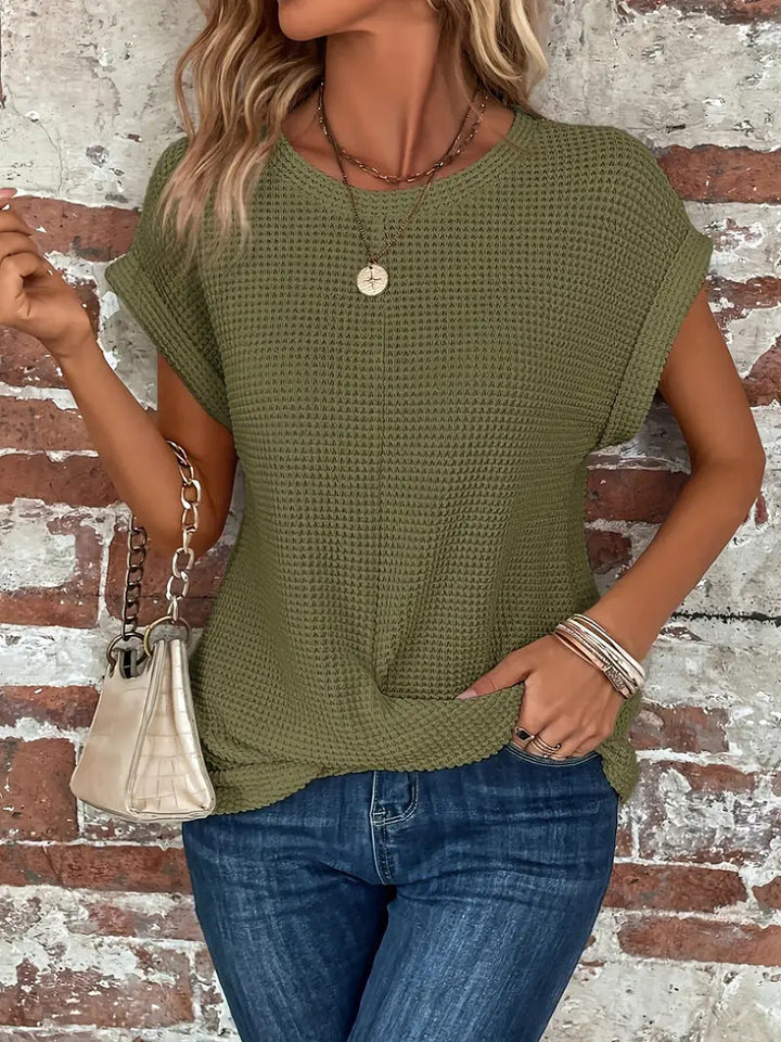 Gwenvia | Women's Cozy Waffle Knit Casual Tee Sweaters — Olive Green