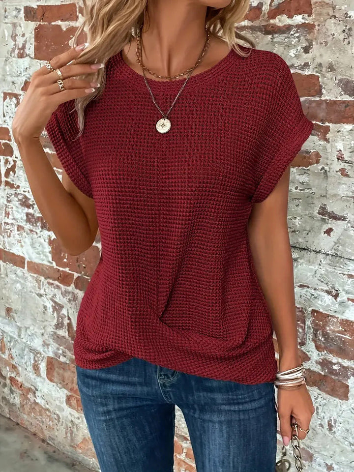 Gwenvia | Women's Cozy Waffle Knit Casual Tee Sweaters — Wine Red