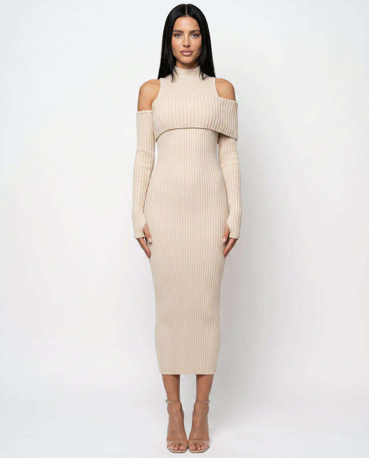 Halcylyn | Women's Elegant Midi Dress with Ribbed Knit and Cold Shoulder Detail — Beige