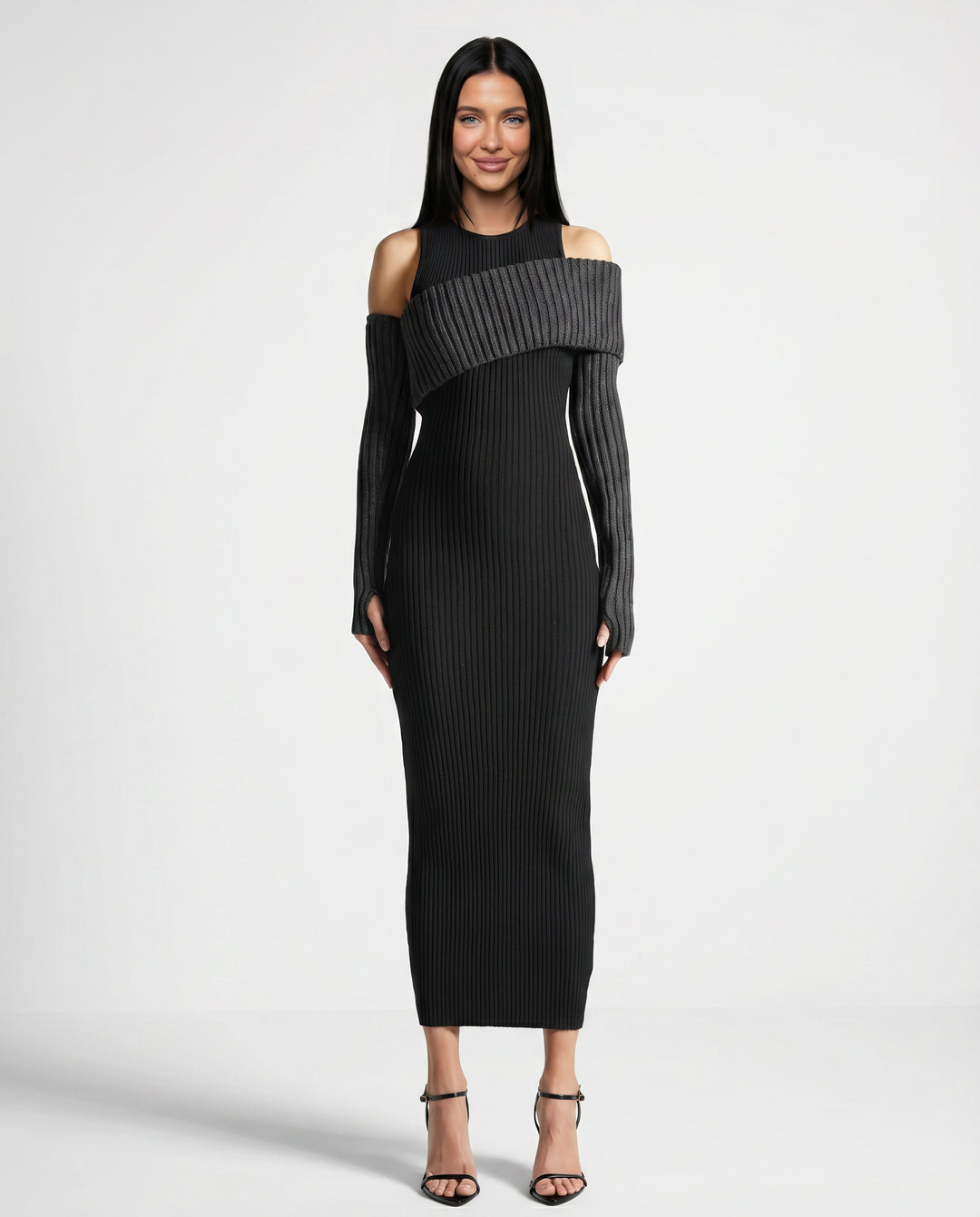 Halcylyn | Women's Elegant Midi Dress with Ribbed Knit and Cold Shoulder Detail — Black