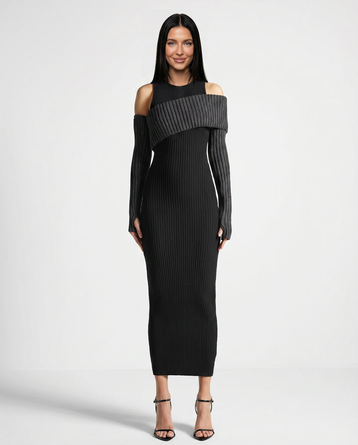 Halcylyn | Women's Elegant Midi Dress with Ribbed Knit and Cold Shoulder Detail — Black
