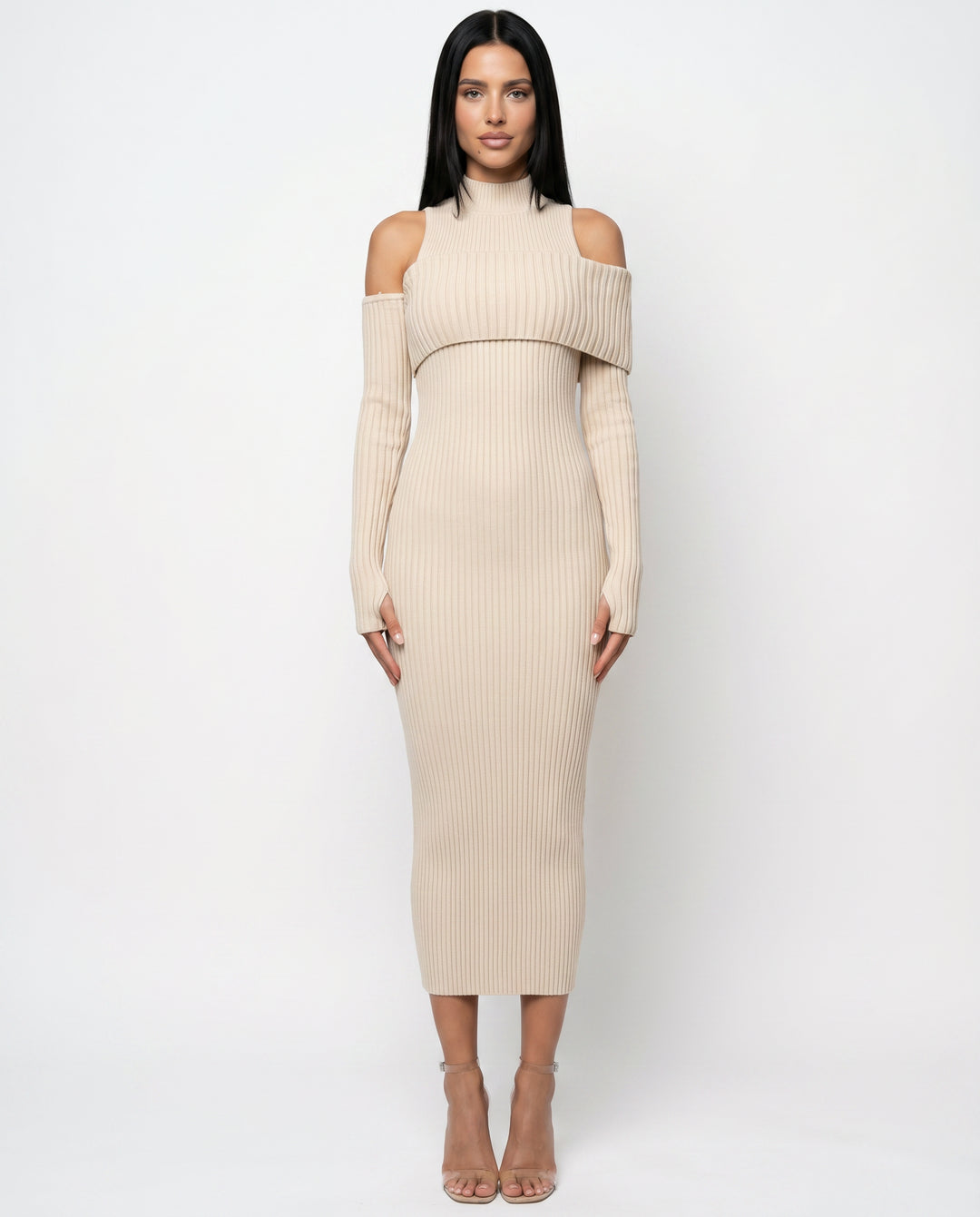 Halcylyn | Women's Elegant Midi Dress with Ribbed Knit and Cold Shoulder Detail — 1