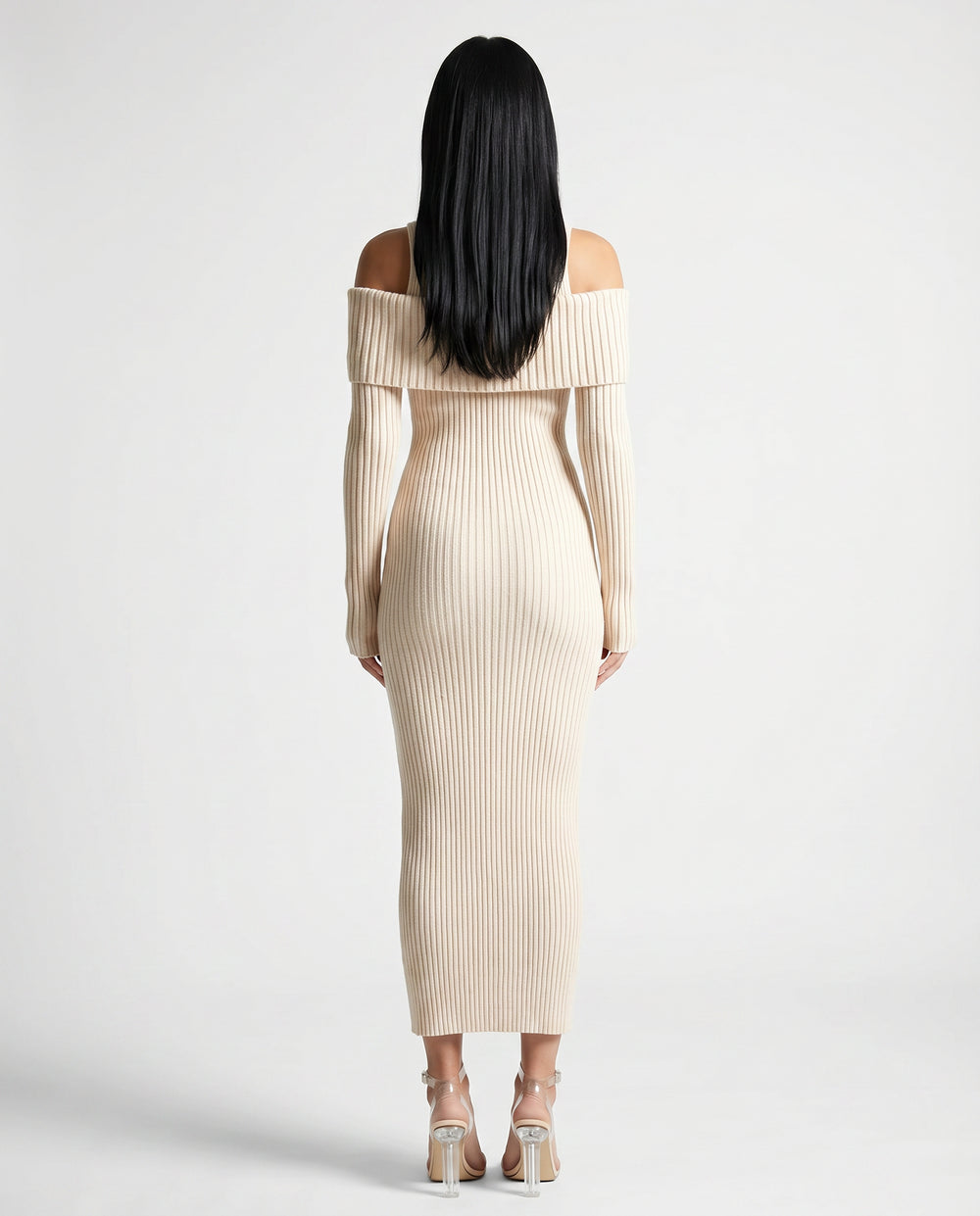 Halcylyn | Women's Elegant Midi Dress with Ribbed Knit and Cold Shoulder Detail — 2