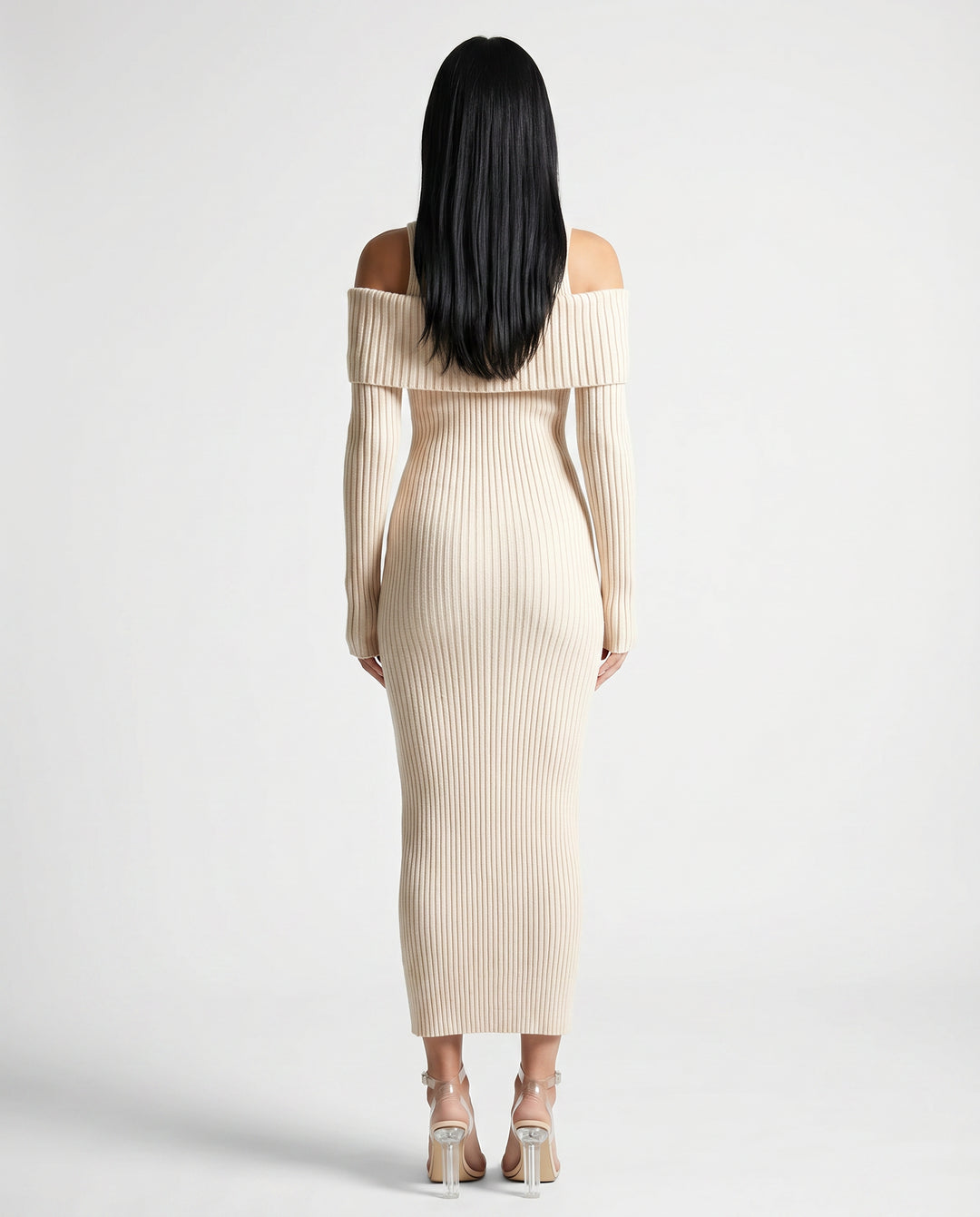 Halcylyn | Women's Elegant Midi Dress with Ribbed Knit and Cold Shoulder Detail — 2