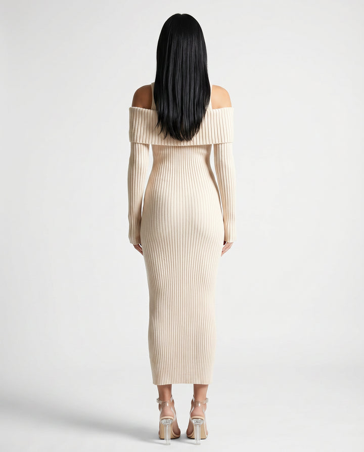 Halcylyn | Women's Elegant Midi Dress with Ribbed Knit and Cold Shoulder Detail — 2