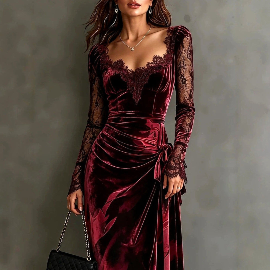 Halcyvesse | Women's Elegant Velvet Lace Formal Evening Dress — 2