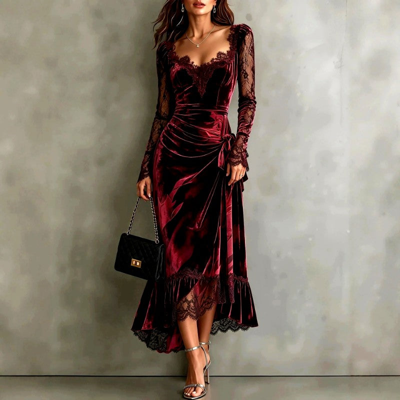 Halcyvesse | Women's Elegant Velvet Lace Formal Evening Dress — Red
