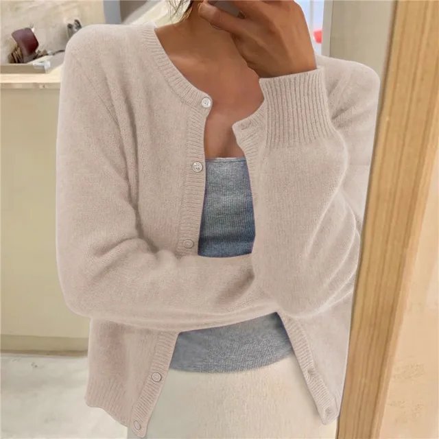 Halcyvetta | Women's Cozy Soft Cropped Button Cardigan — Beige
