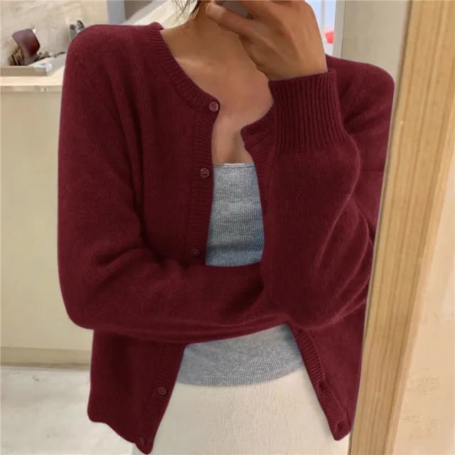 Halcyvetta | Women's Cozy Soft Cropped Button Cardigan — Burgundy