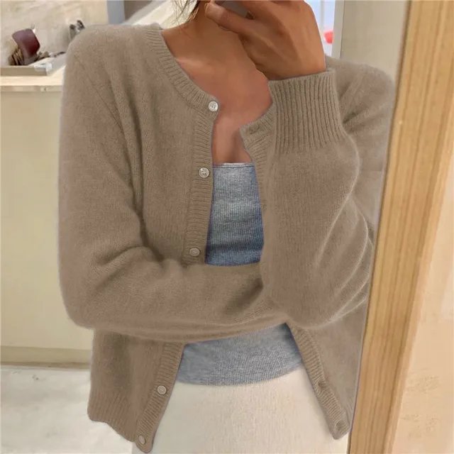 Halcyvetta | Women's Cozy Soft Cropped Button Cardigan — Khaki