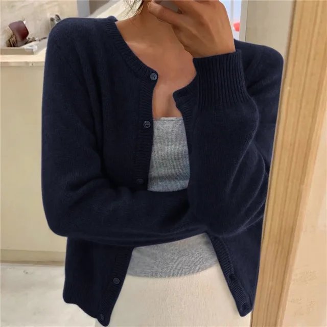 Halcyvetta | Women's Cozy Soft Cropped Button Cardigan — Navy Blue