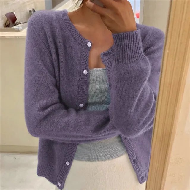 Halcyvetta | Women's Cozy Soft Cropped Button Cardigan — Purple