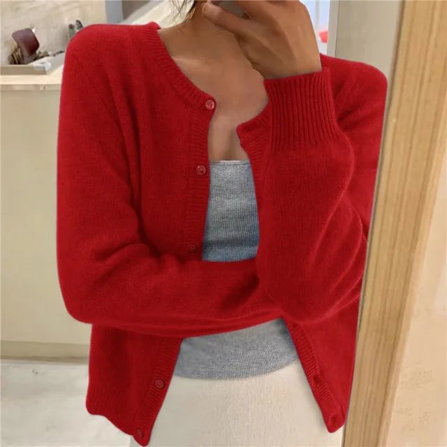 Halcyvetta | Women's Cozy Soft Cropped Button Cardigan — Red