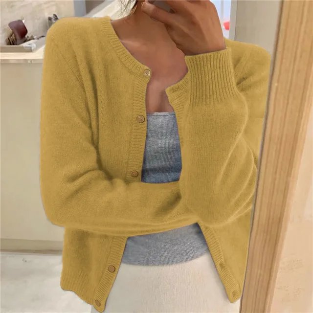 Halcyvetta | Women's Cozy Soft Cropped Button Cardigan — Yellow