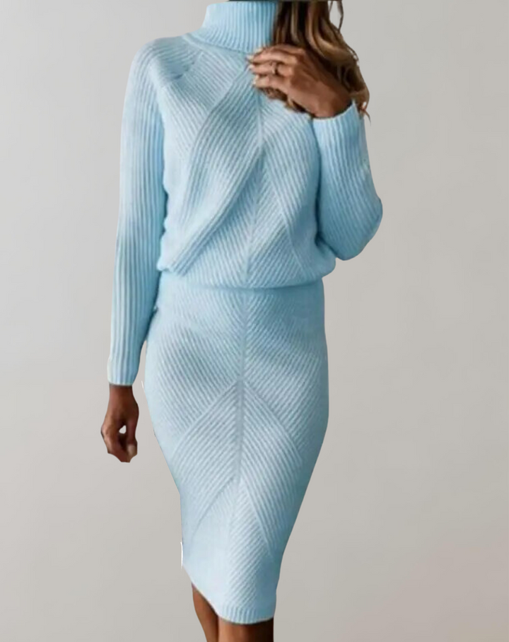 Haleanne | Women's Two-Piece Matching Cozy And Elegant Knit Turtleneck Two Piece Set — Blue