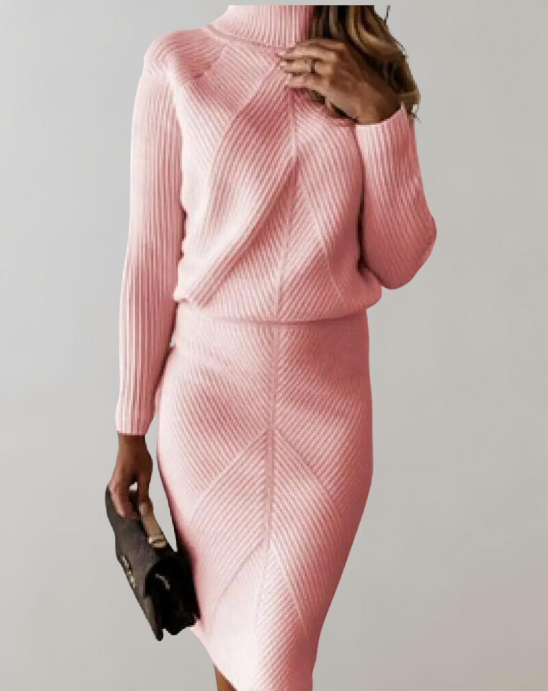 Haleanne | Women's Two-Piece Matching Cozy And Elegant Knit Turtleneck Two Piece Set — Pink