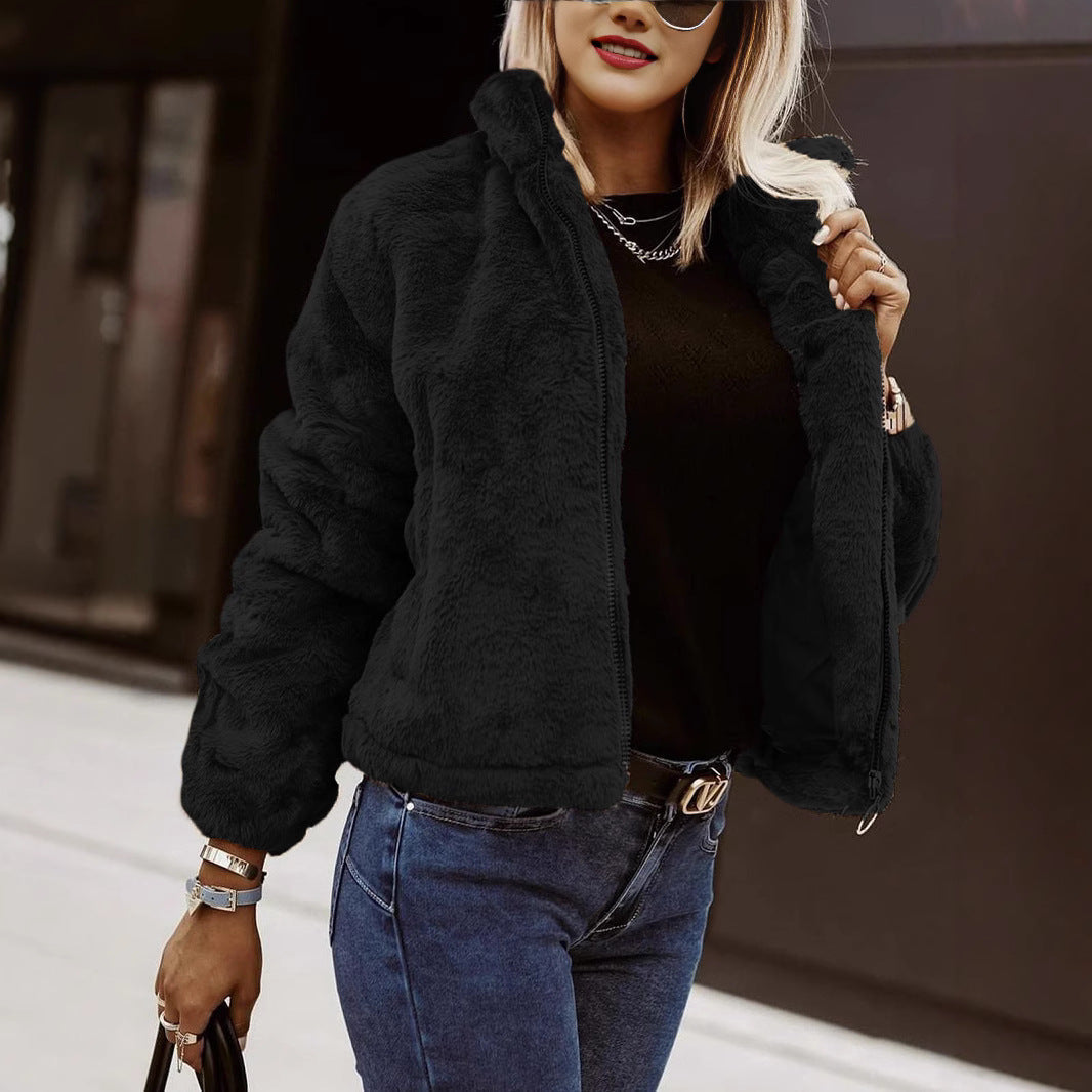 Haleolde | Women's Teddy Bomber Jacket – Sherpa Zip Jacket — Black