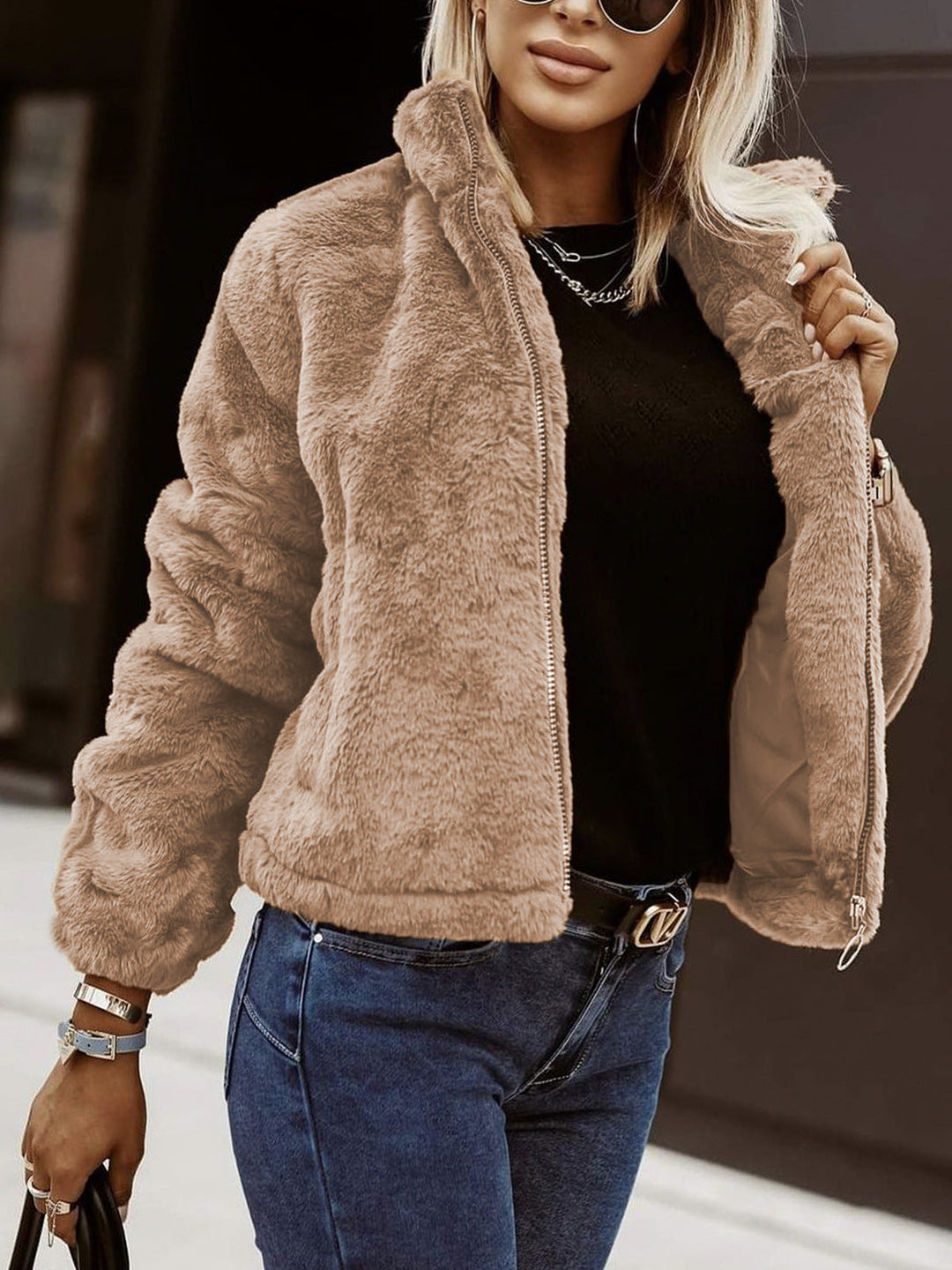 Haleolde | Women's Teddy Bomber Jacket – Sherpa Zip Jacket — Earth brown