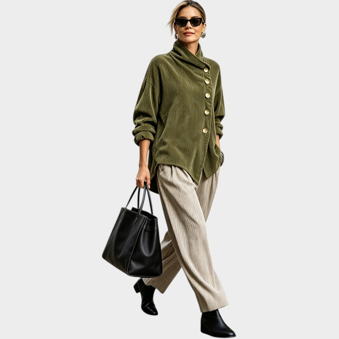 Halestine | Women's Cozy Corduroy Cardigan Top Funnel Neck Asymmetric Hem — 2