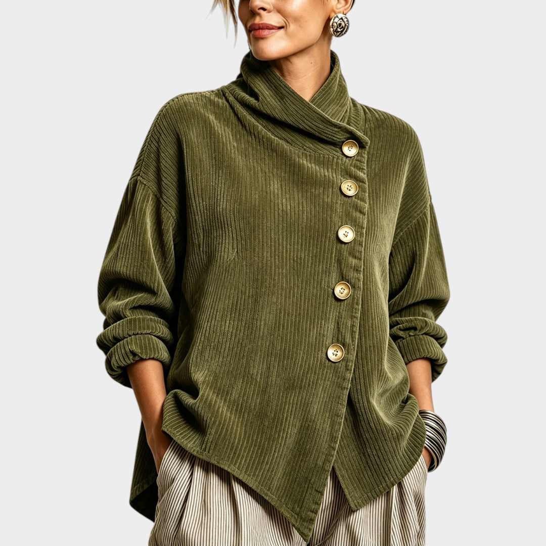 Halestine | Women's Cozy Corduroy Cardigan Top Funnel Neck Asymmetric Hem — Olive Green