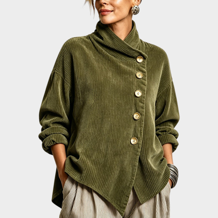 Halestine | Women's Cozy Corduroy Cardigan Top Funnel Neck Asymmetric Hem — Olive Green