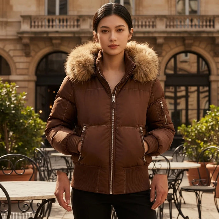 Halsessa | Women's Faux Fur Hood Bomber Puffer Jacket