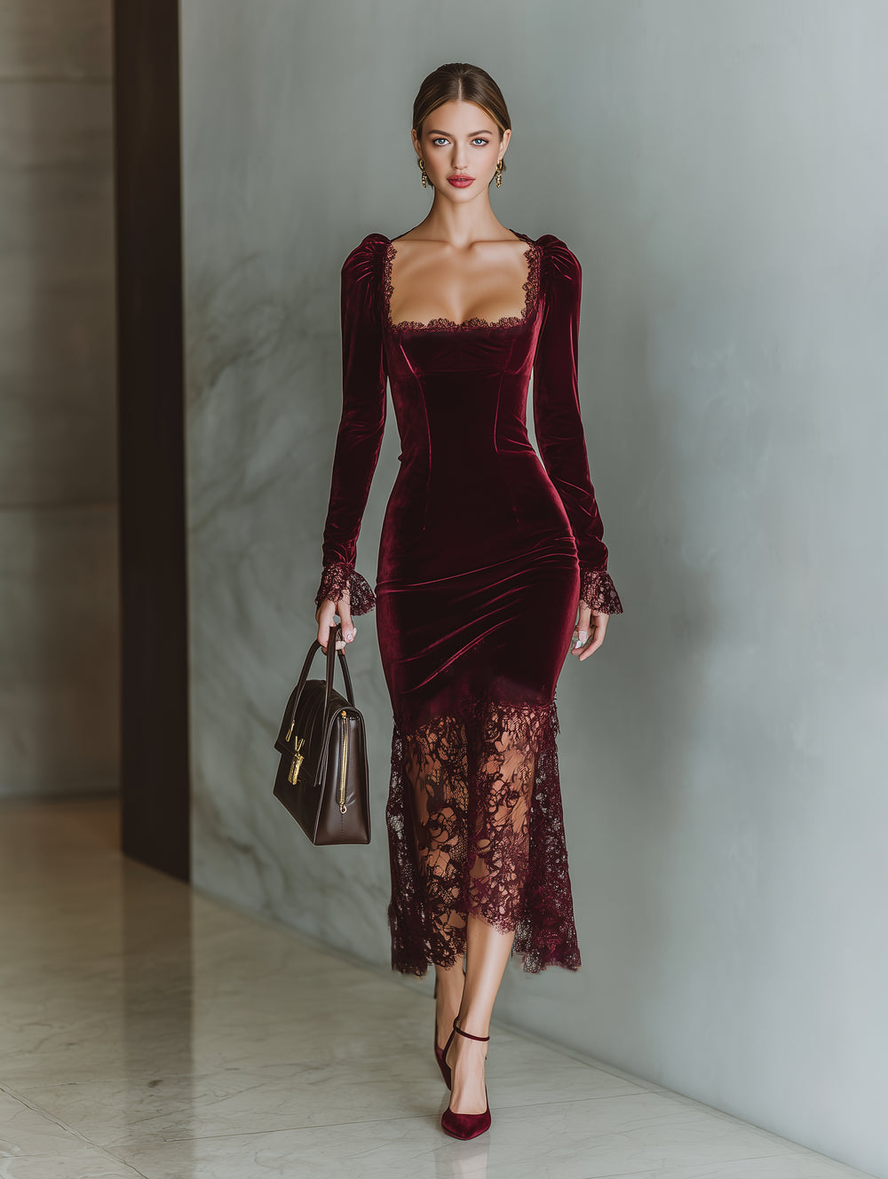 Havella | Women's Elegant Burgundy Velvet Lace Fitted Maxi Dress — 2