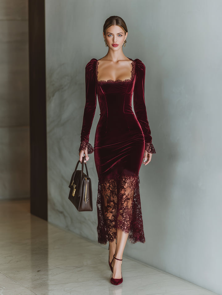 Havella | Women's Elegant Burgundy Velvet Lace Fitted Maxi Dress — 2
