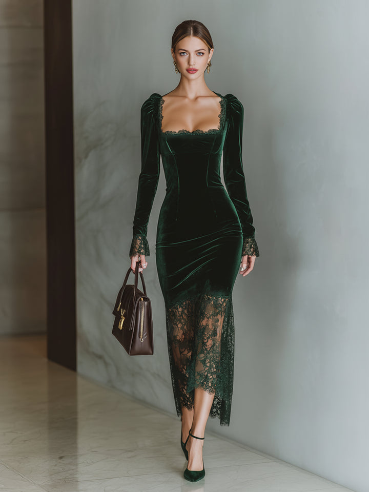 Havella | Women's Elegant Burgundy Velvet Lace Fitted Maxi Dress — Dark green