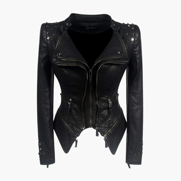 Haviel | Women's Casual Stretch Elegant Black Leather Jacket with Studded Shoulder Long Sleeve Peplum Biker Style Top — Black