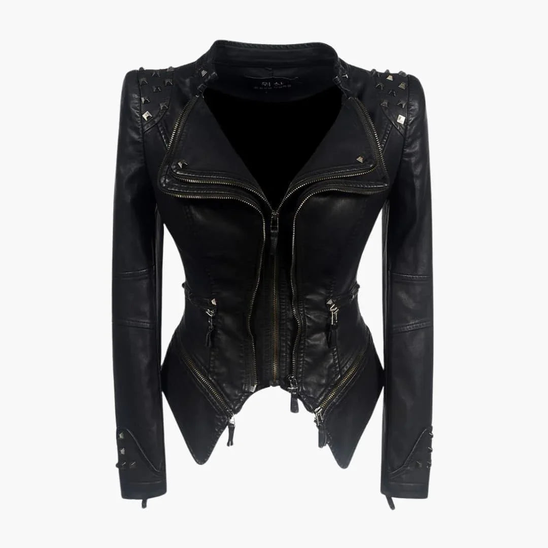 Haviel | Women's Casual Stretch Elegant Black Leather Jacket with Studded Shoulder Long Sleeve Peplum Biker Style Top — 1