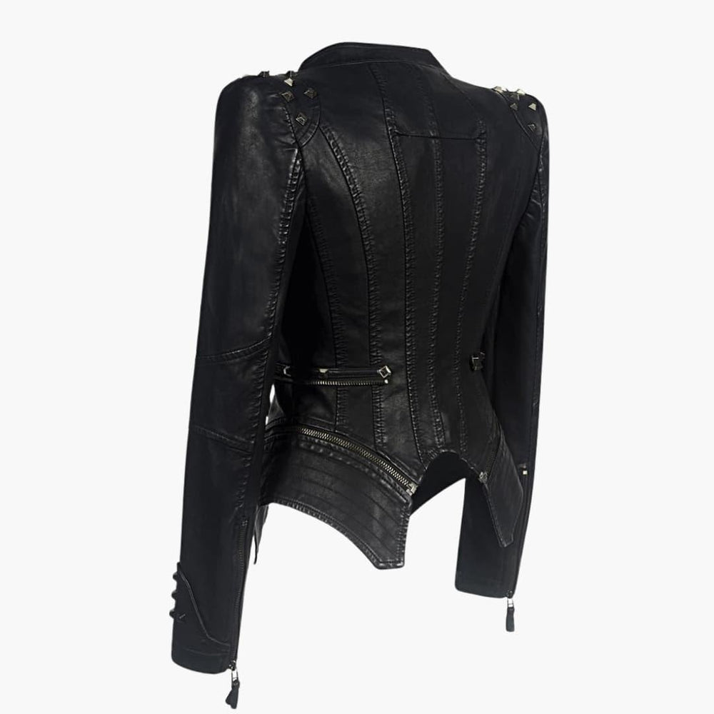 Haviel | Women's Casual Stretch Elegant Black Leather Jacket with Studded Shoulder Long Sleeve Peplum Biker Style Top — 2