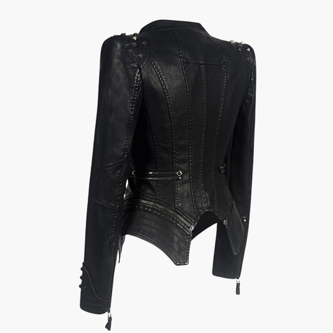 Haviel | Women's Casual Stretch Elegant Black Leather Jacket with Studded Shoulder Long Sleeve Peplum Biker Style Top — 2