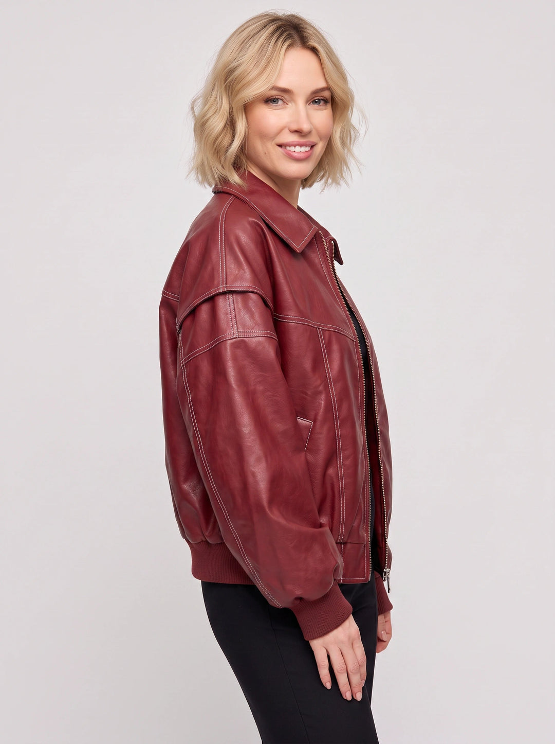 Havine | Women's Casual Stretch oversized Leather Bomber Jacket — 2