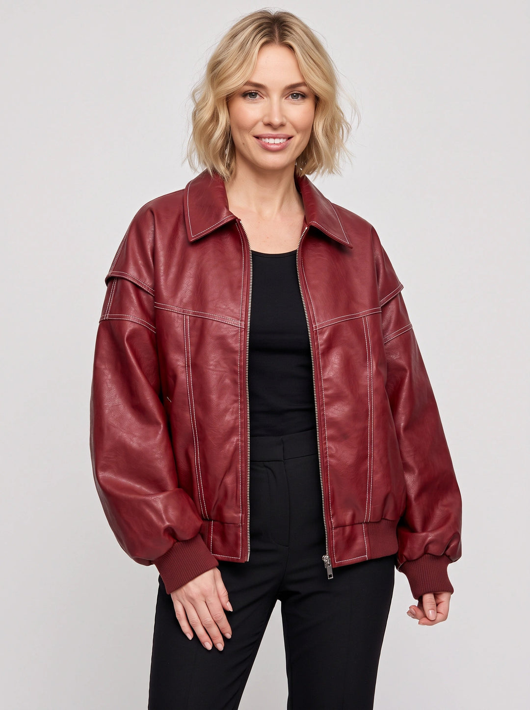 Havine | Women's Casual Stretch oversized Leather Bomber Jacket — Wine Red