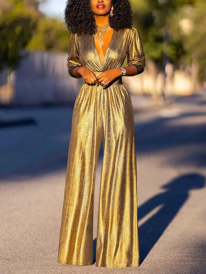 Helena | Women's Elegant Metallic Wide-Leg Evening Jumpsuit — Gold