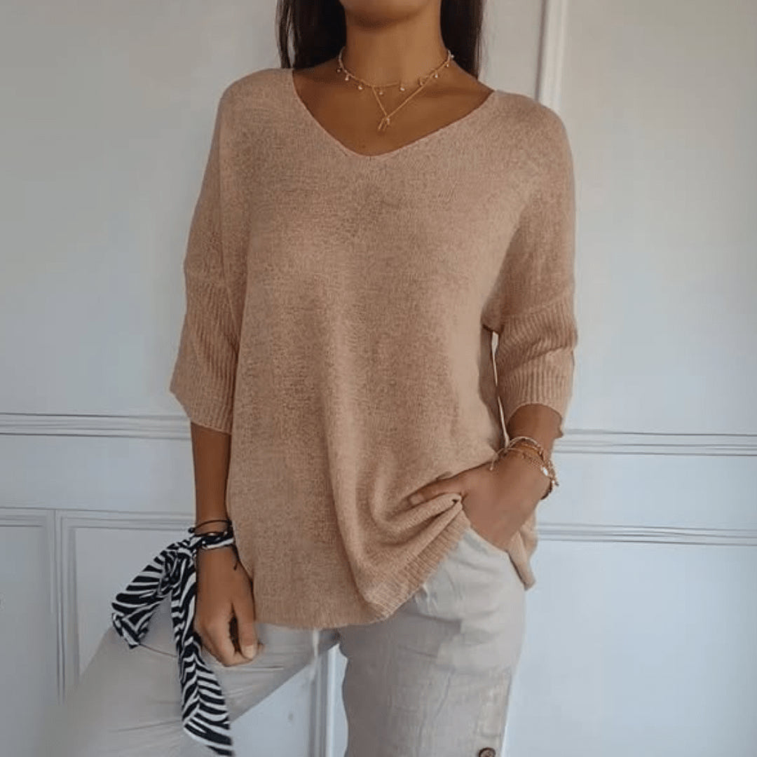 Hermione | Women's Knit Cozy V-Neck Loose Silhouette Sweaters — Apricot