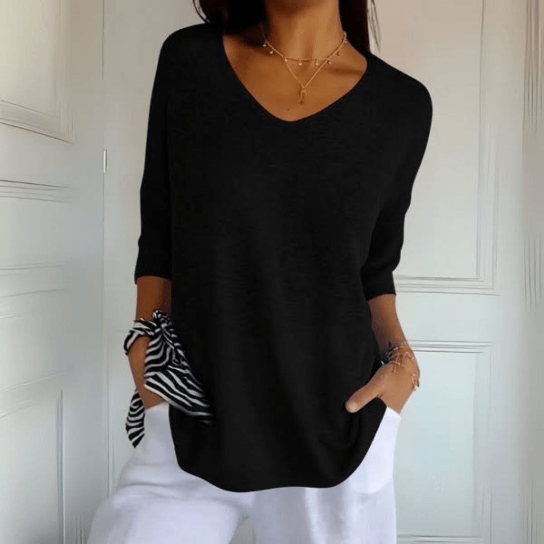 Hermione | Women's Knit Cozy V-Neck Loose Silhouette Sweaters — Black