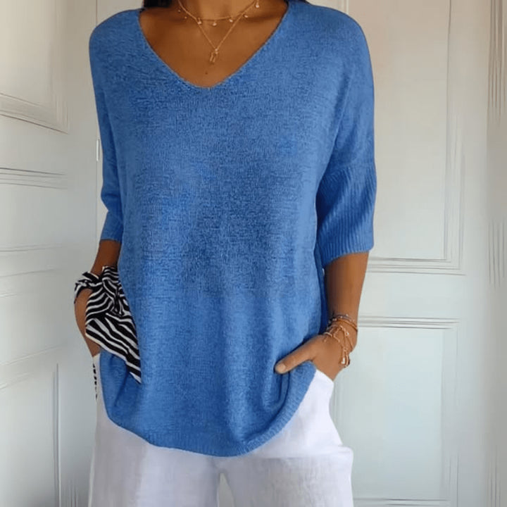 Hermione | Women's Knit Cozy V-Neck Loose Silhouette Sweaters — Blue