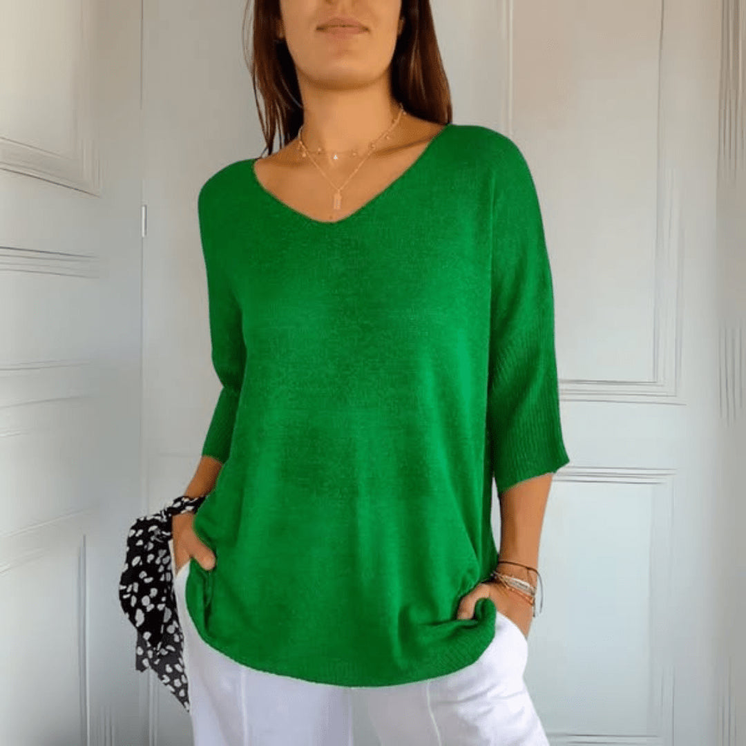 Hermione | Women's Knit Cozy V-Neck Loose Silhouette Sweaters — Green