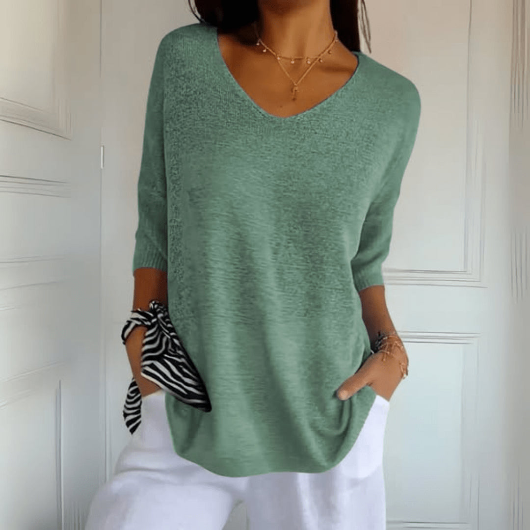 Hermione | Women's Knit Cozy V-Neck Loose Silhouette Sweaters — Light Green