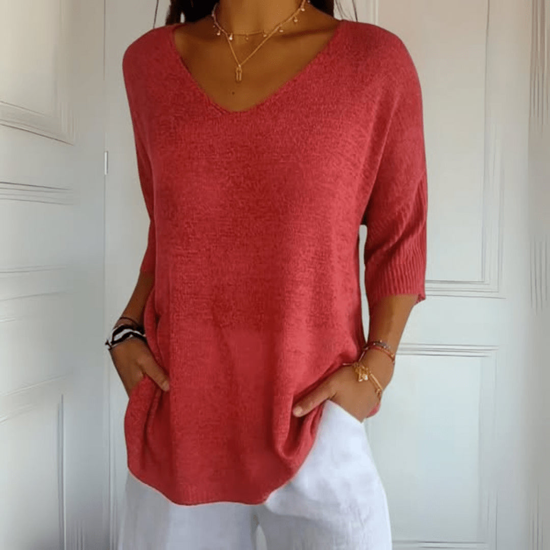 Hermione | Women's Knit Cozy V-Neck Loose Silhouette Sweaters — Red