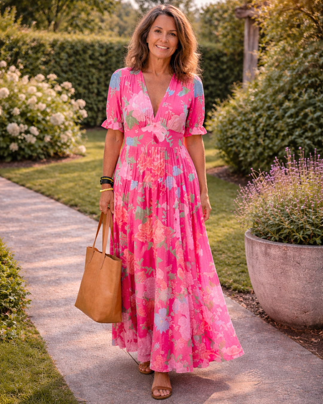 Hesperaria | Women's High-Waist Timeless Floral V-Neck Short Sleeve Maxi Dress — 1