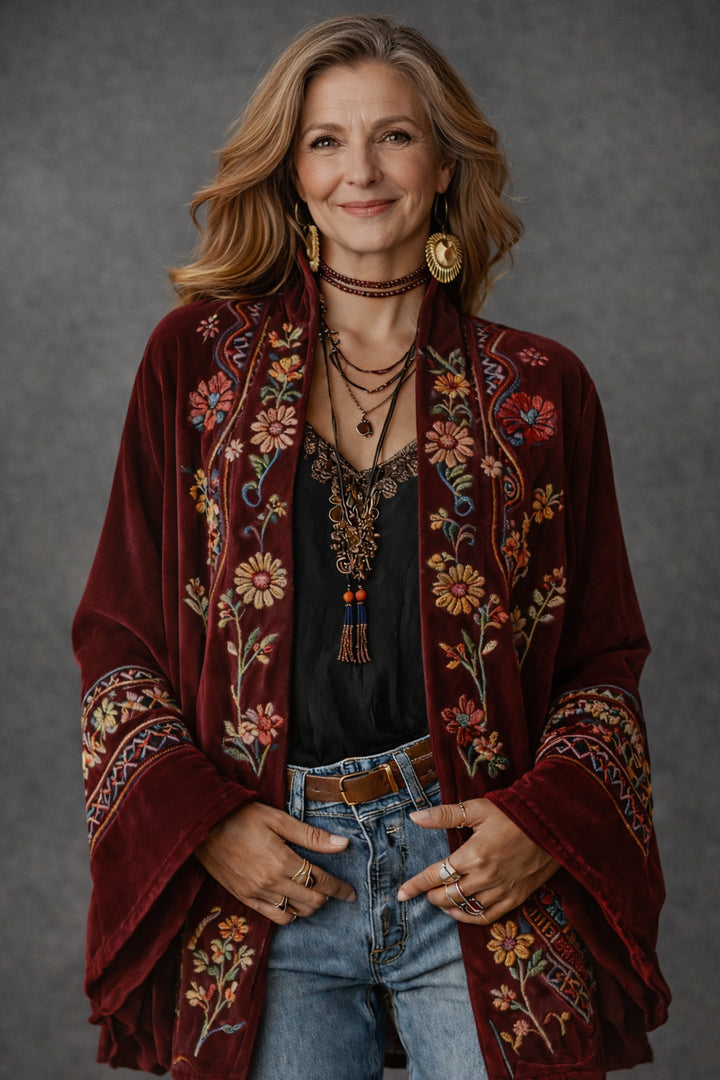 Hesperique | Women's Cozy Stylish Velvet-Touch Bohemian Cardigan — Burgundy Floral