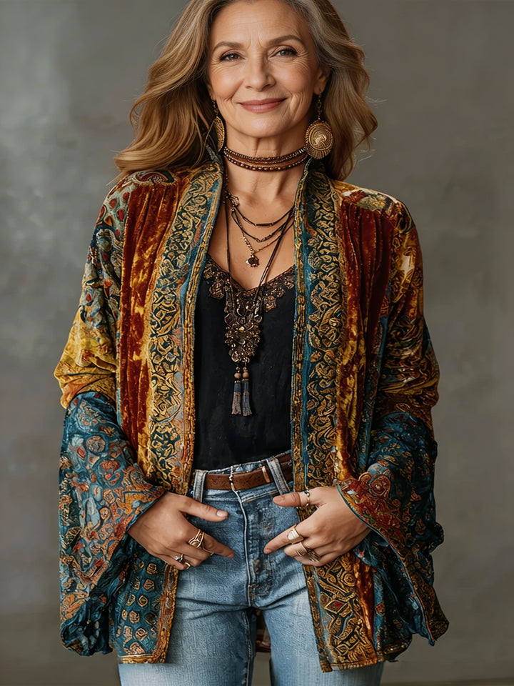 Hesperique | Women's Cozy Stylish Velvet-Touch Bohemian Cardigan — Burgundy