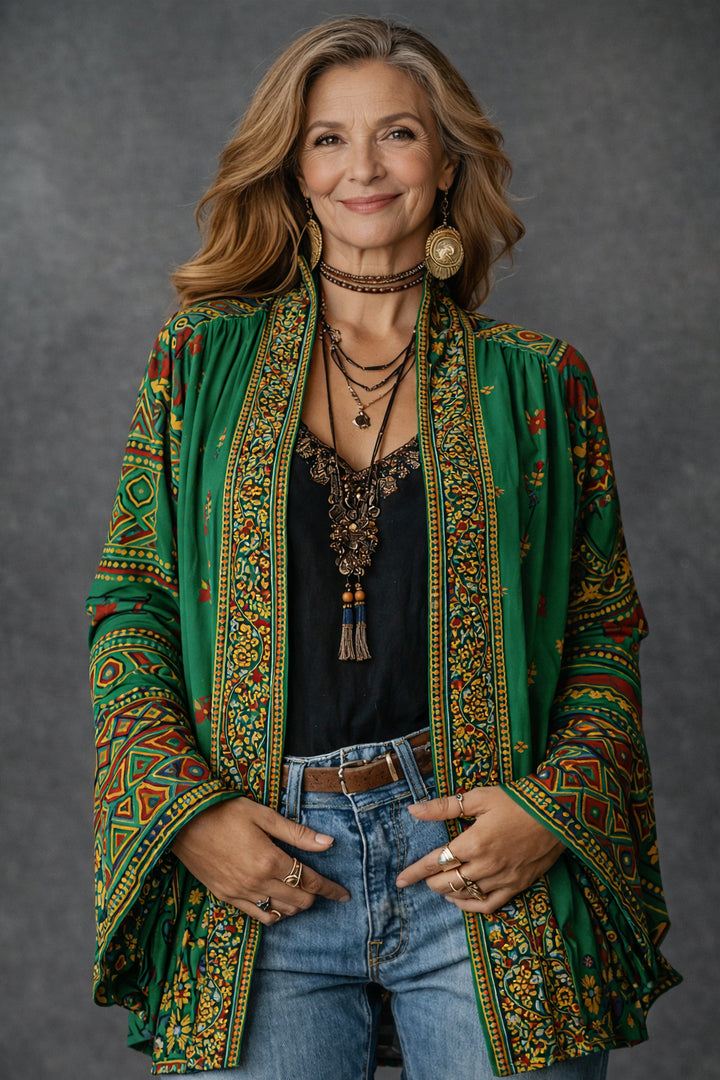 Hesperique | Women's Cozy Stylish Velvet-Touch Bohemian Cardigan — Forest Green