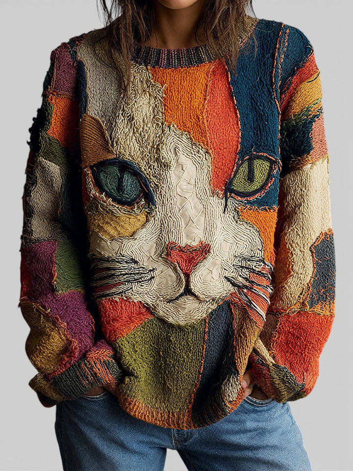 Hespernova | Women's Patchwork Cat Face Chunky Knit Sweater