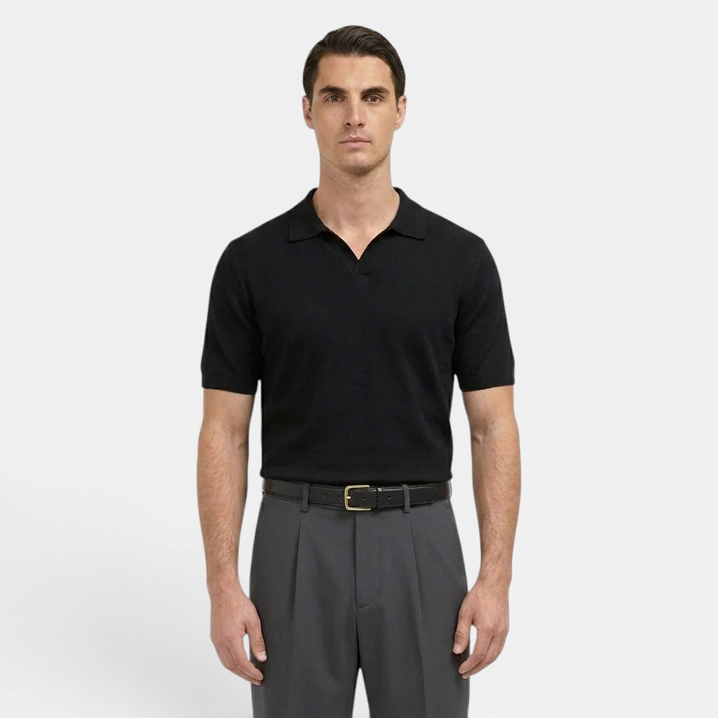 
Male model wearing smart casual straight leg trousers on a plain background.